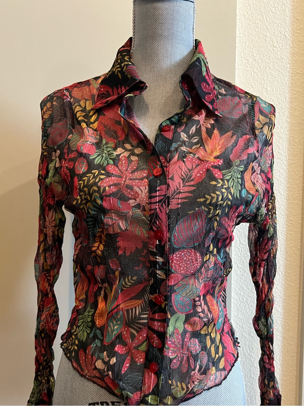 Monte Milano Sheer Mesh Black Floral Tie-Front Button-Down Blouse Size Medium